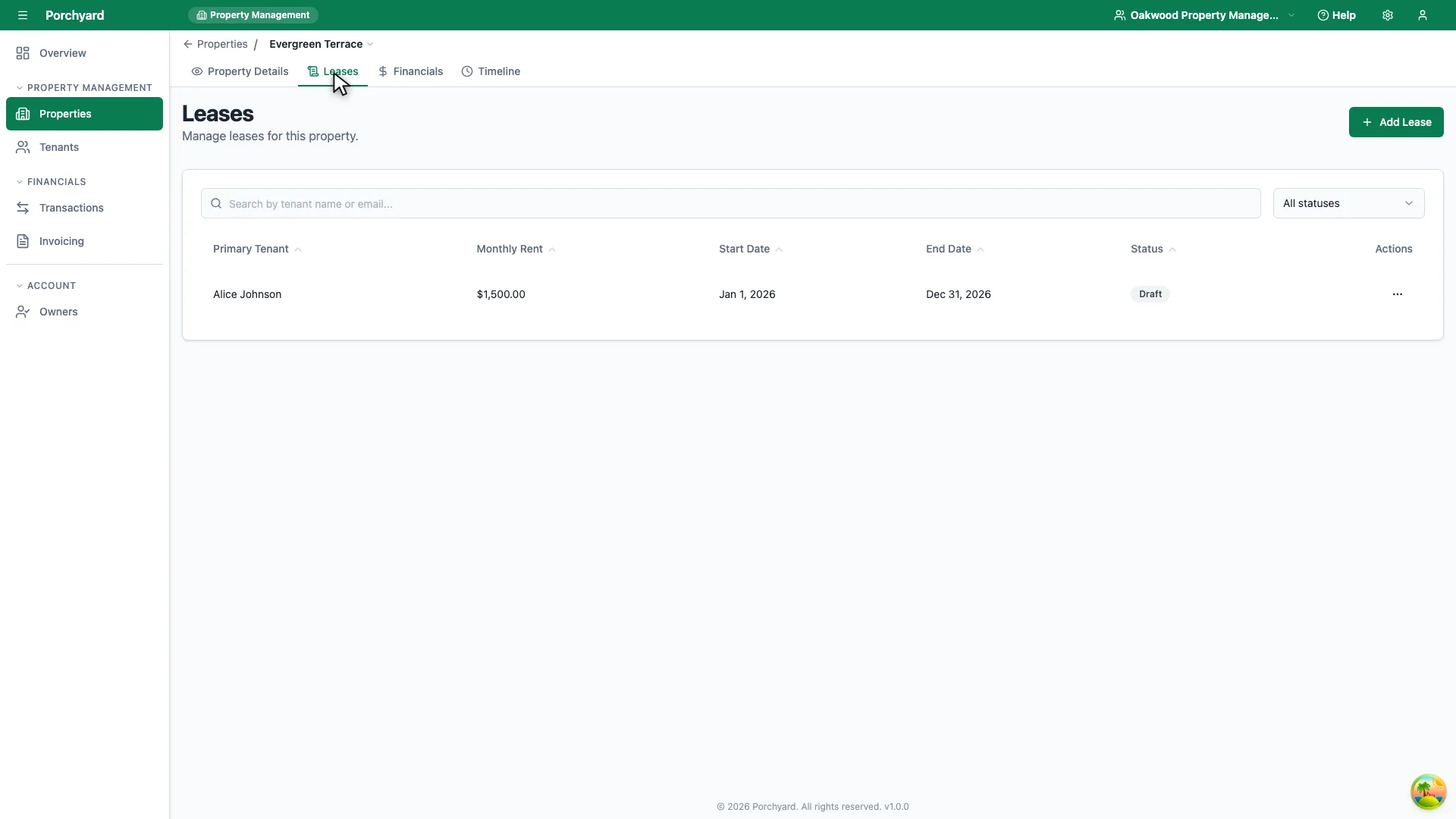 The Leases tab for Evergreen Terrace, listing one lease: primary tenant Alex Johnson, monthly rent $1,120.00, running Jan 1 2026 to Dec 31 2026, with a Draft status and an Add Lease button.