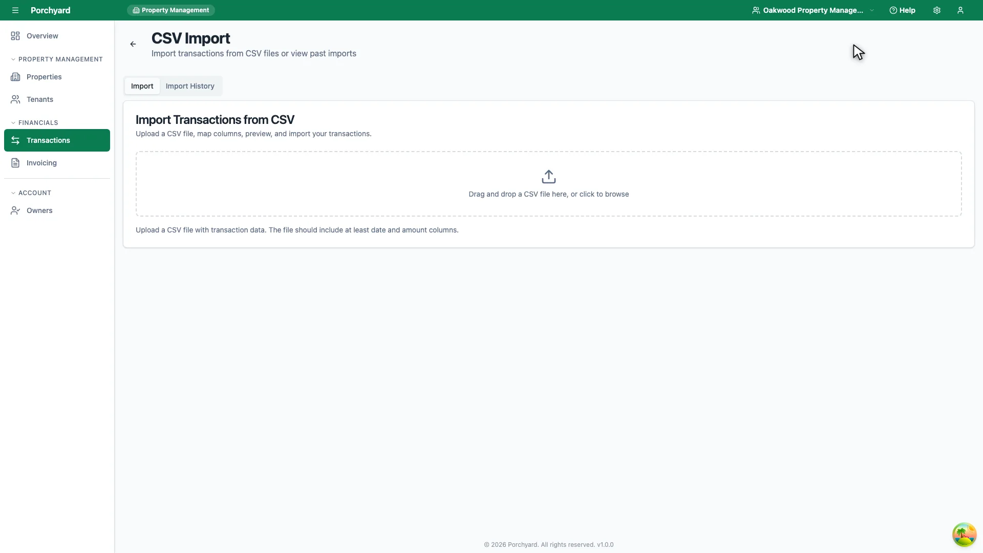 The Porchyard CSV Import page, with Import and Import History tabs above a drag-and-drop area reading "Drag and drop a CSV file here, or click to browse".