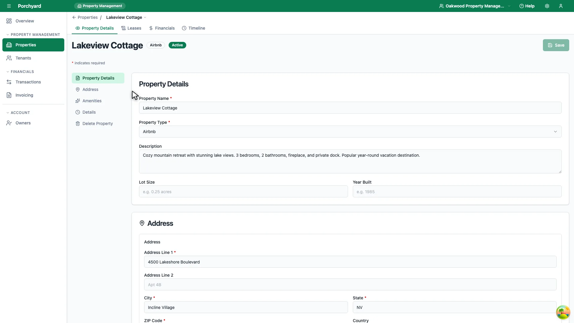 The Lakeview Cottage property record, on its Property Details tab, showing the name, type, description and address fields. Tabs across the top read Property Details, Leases, Financials and Timeline.
