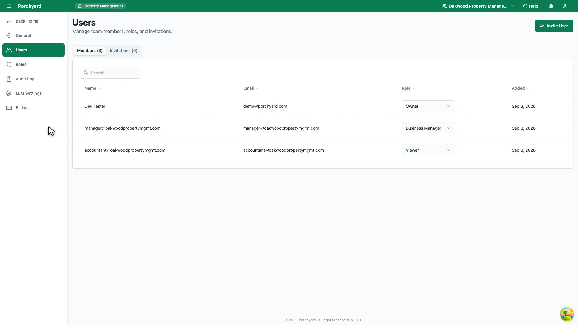 The Porchyard Users settings page, listing account members with their email address and role, above a section for pending invitations.