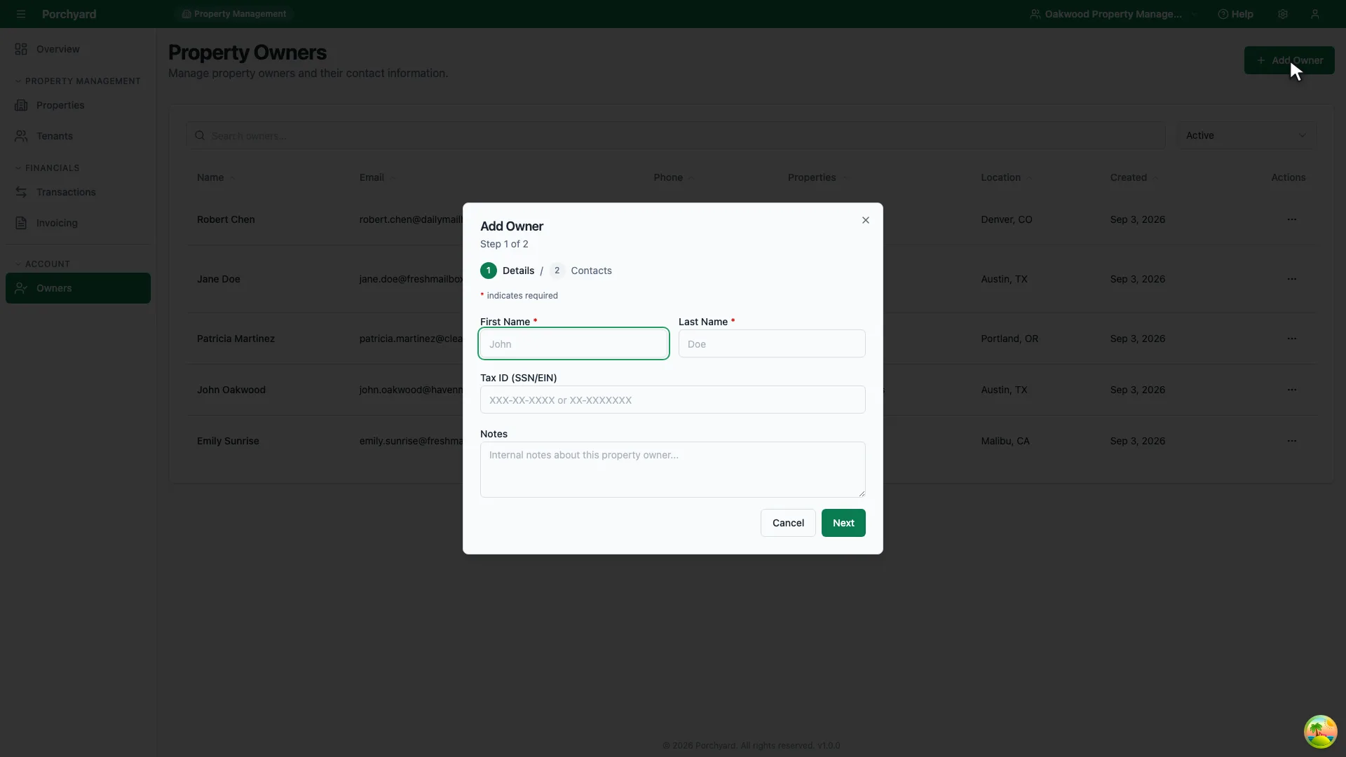 The Add Owner dialog open over the list, with fields for the owner name and contact details.