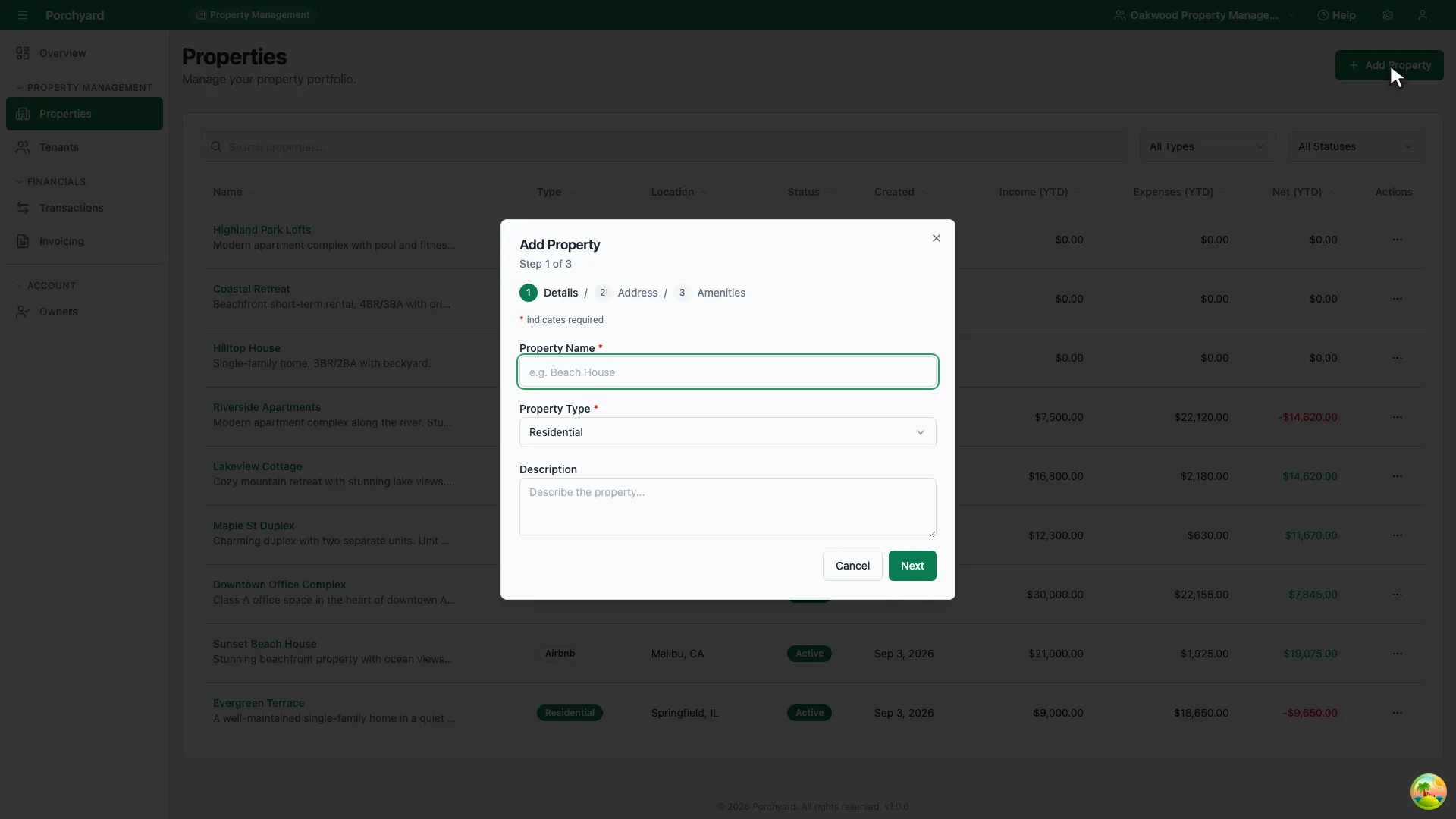 The Add Property dialog open over the list. It is a three-step form -- Details, Address, Amenities -- showing Property Name, Property Type and Description on the first step, with Cancel and Next buttons.