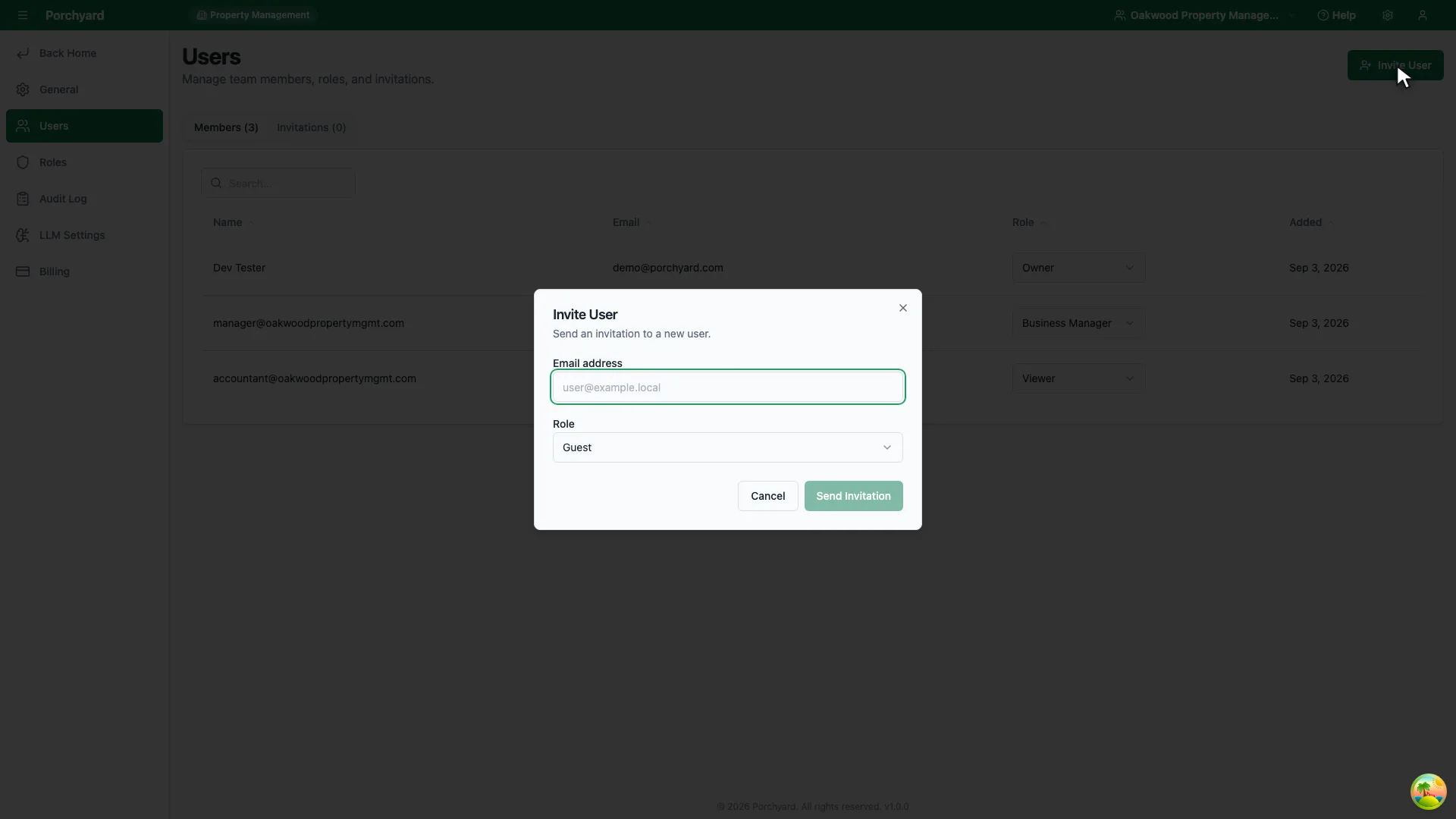 The Invite User dialog open over the members list, with an email field and a role selector.