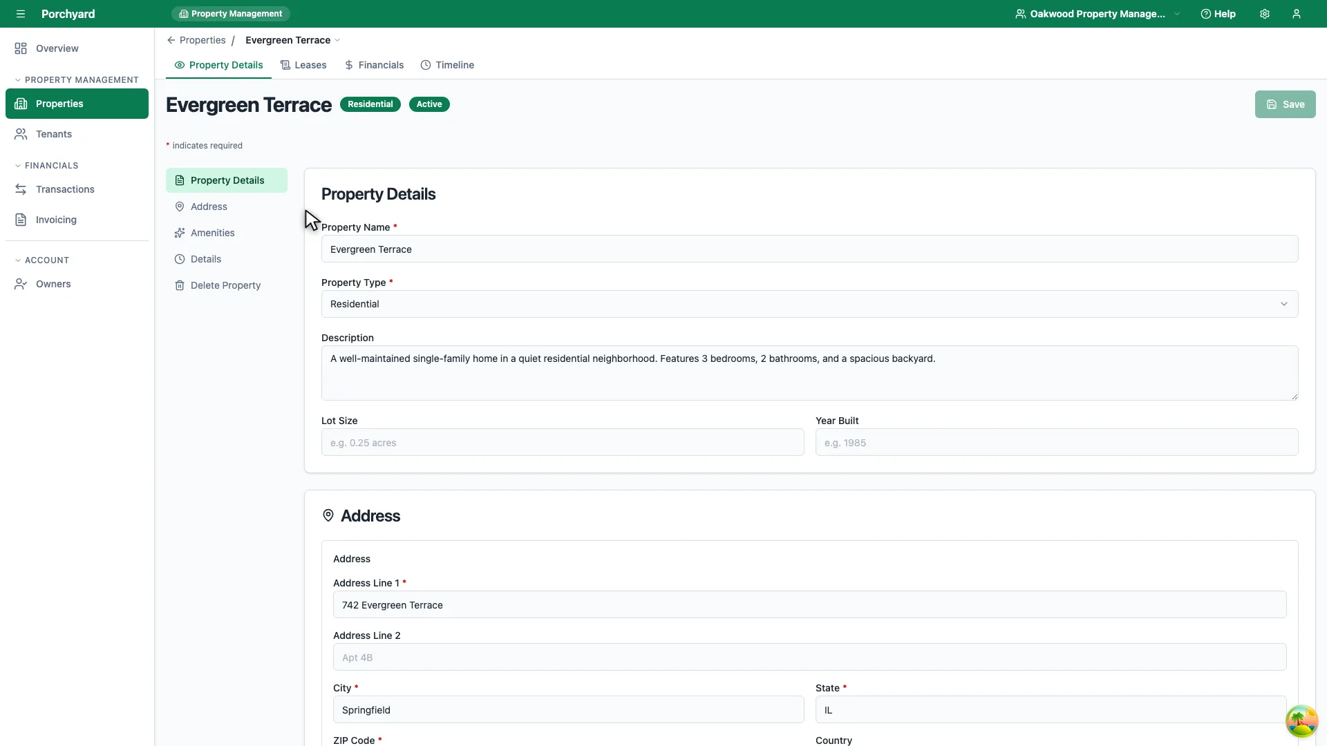 The Evergreen Terrace property record on its Property Details tab, showing name, type, description and address, with tabs reading Property Details, Leases, Financials and Timeline.