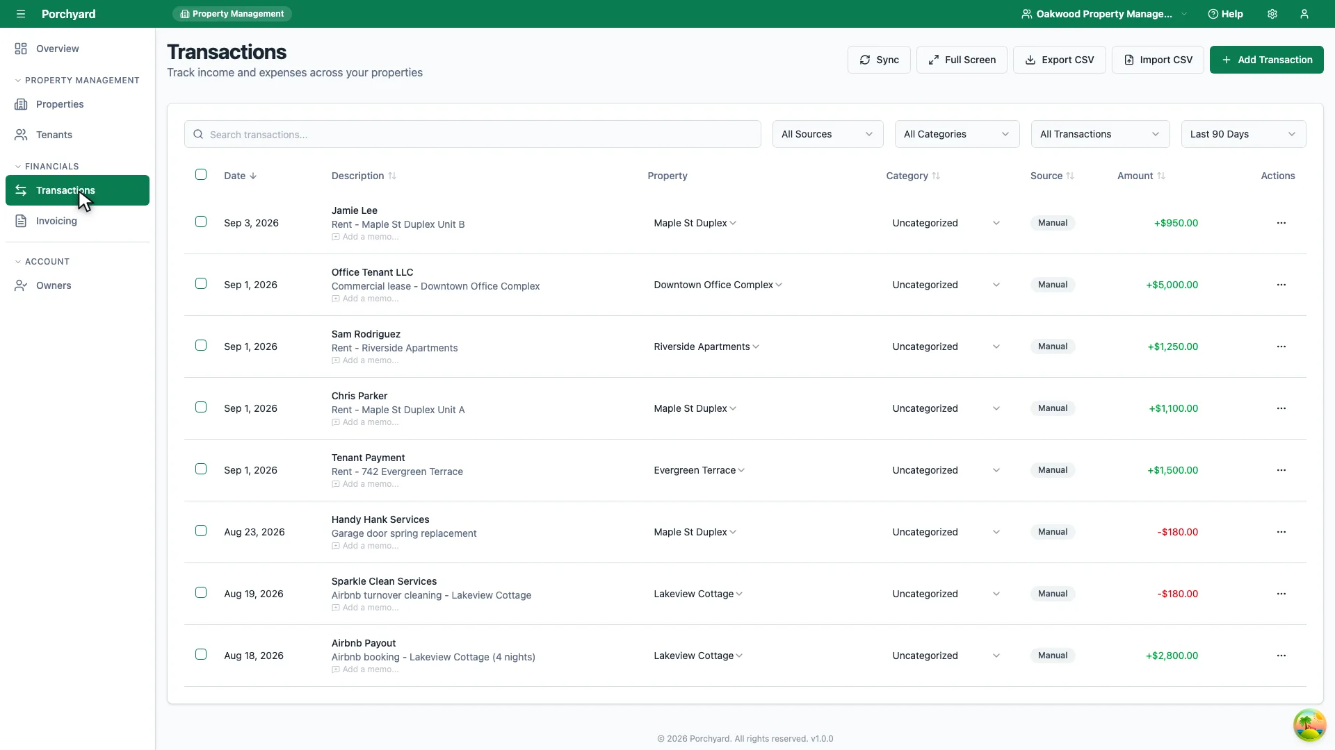 The Porchyard Transactions page listing dated rent payments and expenses across several properties, each row showing a description, the property it belongs to, a category, a source badge and an amount.