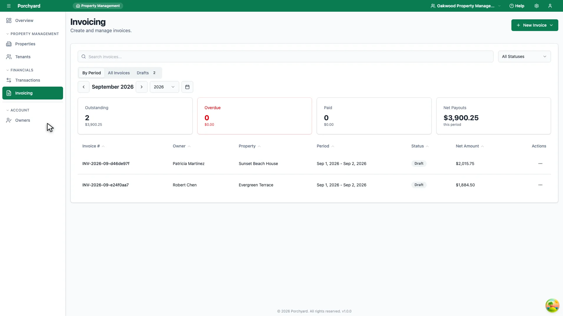 The Porchyard Invoicing page listing invoices with their number, the owner billed, the property, a period, a status such as draft, sent or paid, and a net amount.