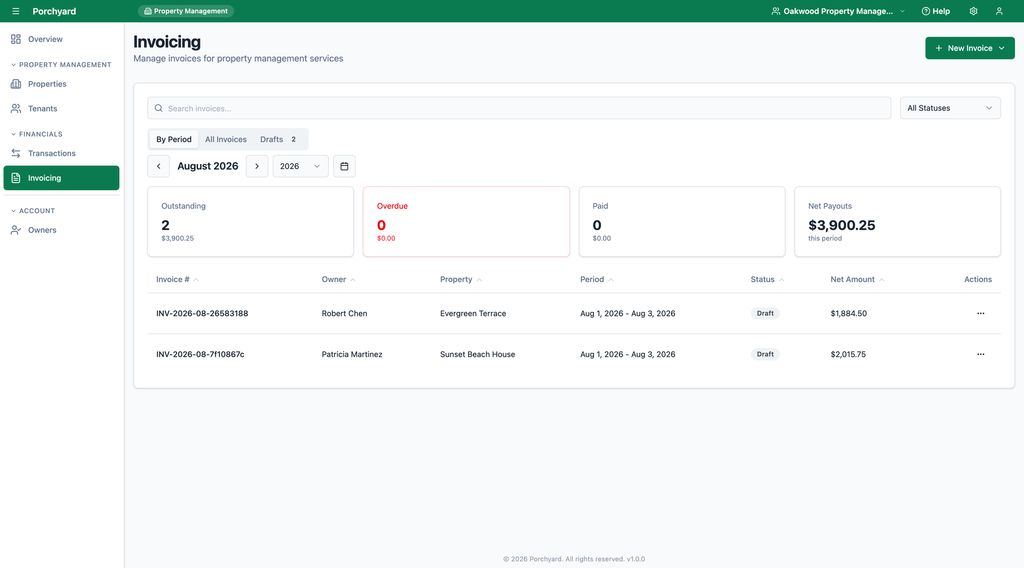 Porchyard invoicing dashboard with outstanding, paid, and net payout totals