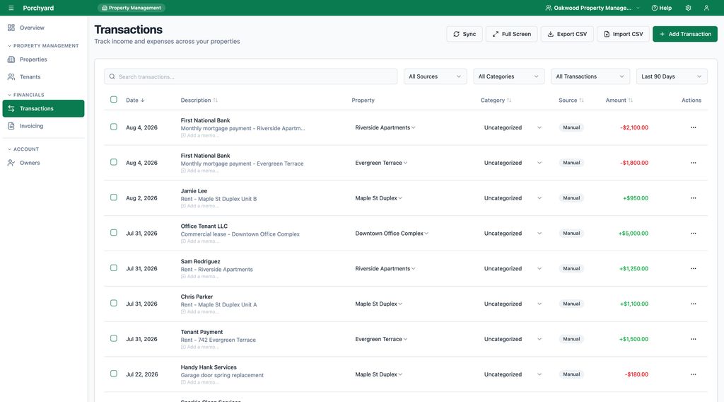 Porchyard transactions ledger with income and expenses allocated per property