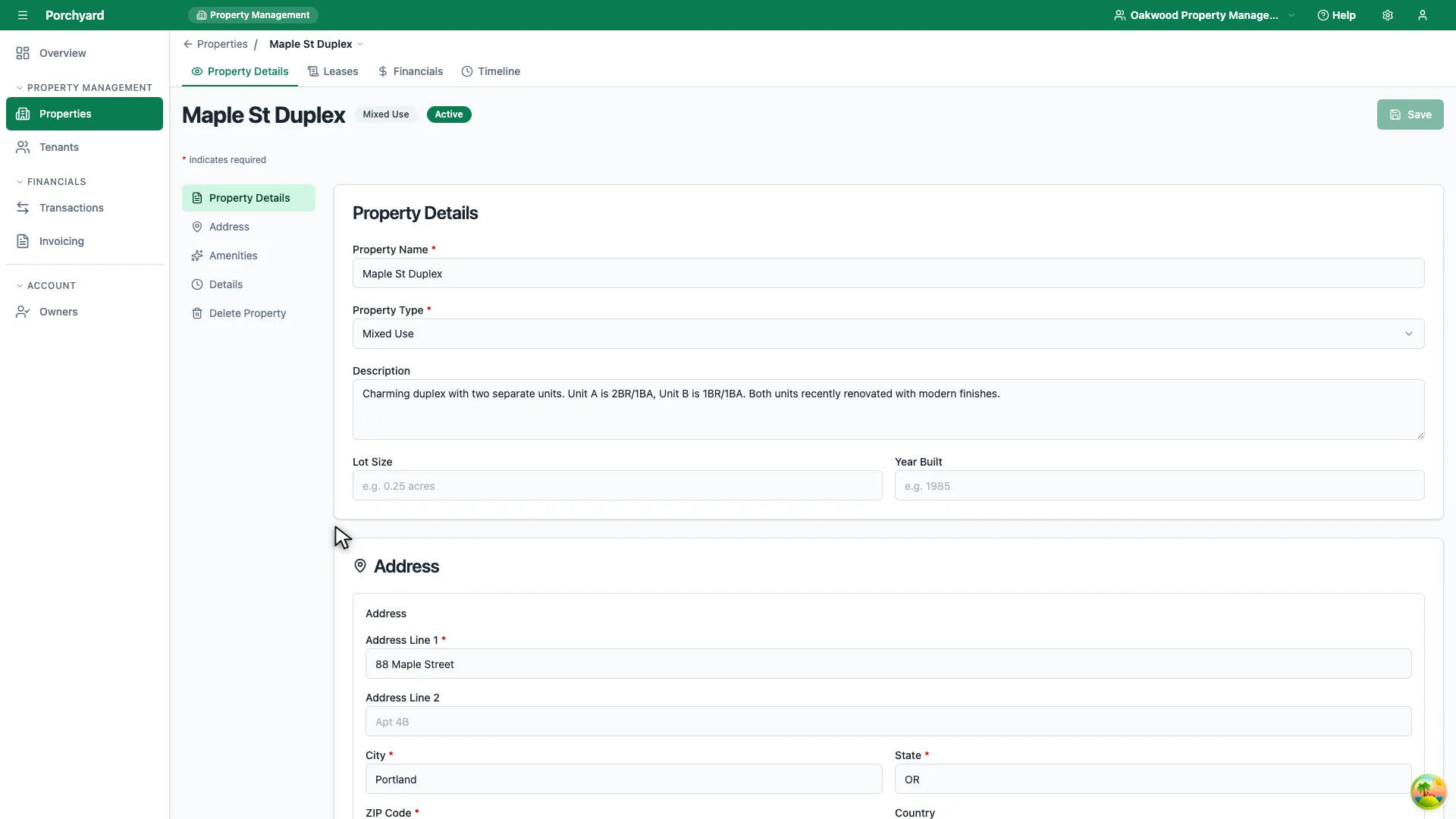 A property record on its Property Details tab, showing name, type, description, lot size and year built, with an Address section underneath. Tabs across the top read Property Details, Leases, Financials and Timeline.